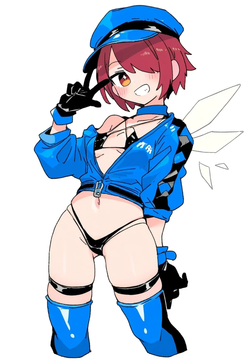 massakasama,donguri suzume,naga u,shashaki,donguri suzume,ergot,fkey,ohisashiburi, - 1girl,exusiai \(arknights\),arknights,black gloves,black panties,blue thigh boots,blue hat,blue jacket,long sleeves,race queen,thigh strap,thong,single bare shoulder,skindentation,tire,