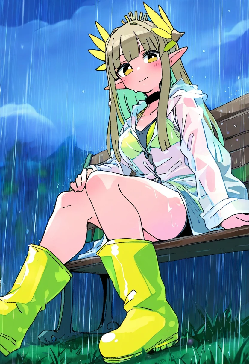 massakasama,donguri suzume,naga u,shashaki,donguri suzume,ergot,fkey,ohisashiburi, - 1girl,muelsyse \(arknights\),arknights,cloudy sky,grass,on bench,outdoors,rain,road,yellow rubber boots,see-through coat,sitting,transparent raincoat,water drop,