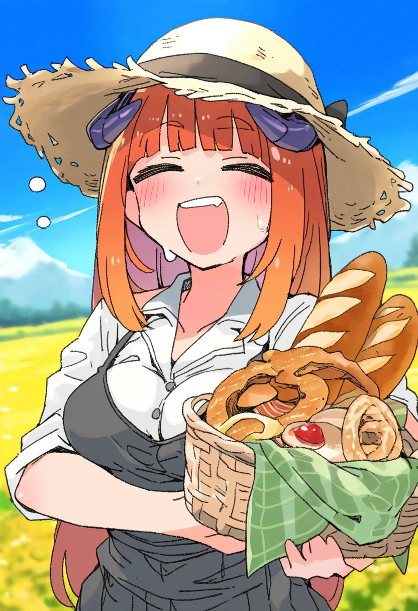 massakasama,donguri suzume,naga u,shashaki,donguri suzume,ergot,fkey,ohisashiburi, - 1girl,bagpipe \(arknights\),arknights,baguette,blush,bread,croissant,holding basket,pretzel,upper body,straw hat,field,sky,laughing,sweat,sunlight,