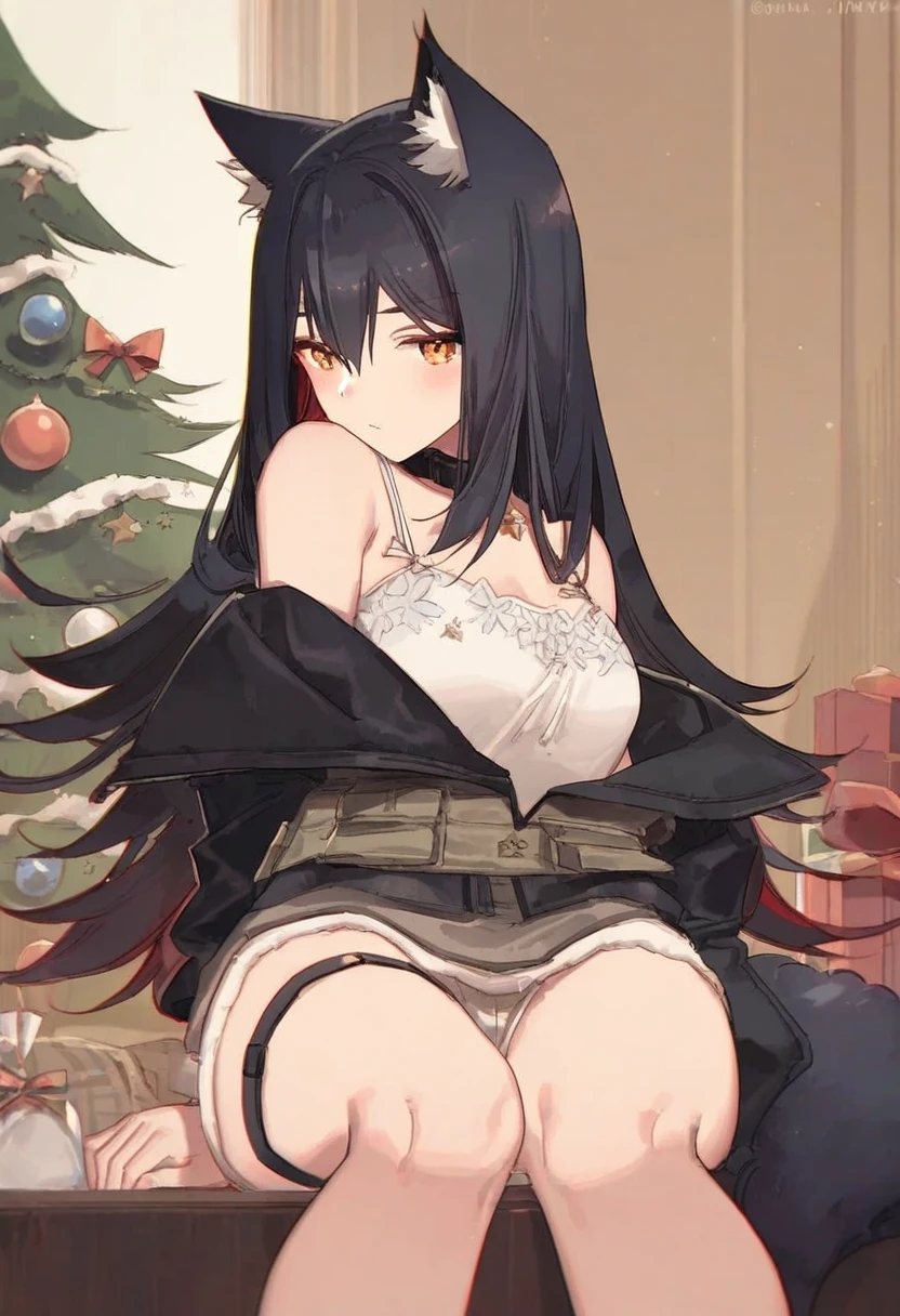 nekoya \(liu\),(ask \(askzy\)),[6 \(yuchae\)],(nekoume),[[kawacy]],(yajuu),((rune \(dualhart\))),[starshadowmagician], - 1girl,texas \(arknights\),arknights,underwear,tactical vest,christmas tree,christmas ornaments,