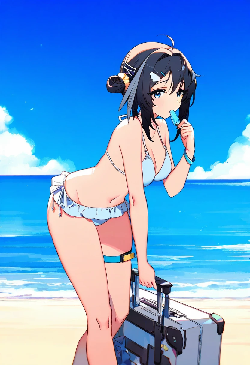 nekoya \(liu\),(ask \(askzy\)),[6 \(yuchae\)],(nekoume),[[kawacy]],(yajuu),((rune \(dualhart\))),[starshadowmagician], - 1girl,la pluma \(summer flowers\) \(arknights\),arknights,white bikini,outdoors,navel,day,sky,blue sky,beach,suitcase,looking at viewer,ocean,low-tied long hair,leaning forward,standing,holding,frills,hand up,bare shoulders,floating hair,