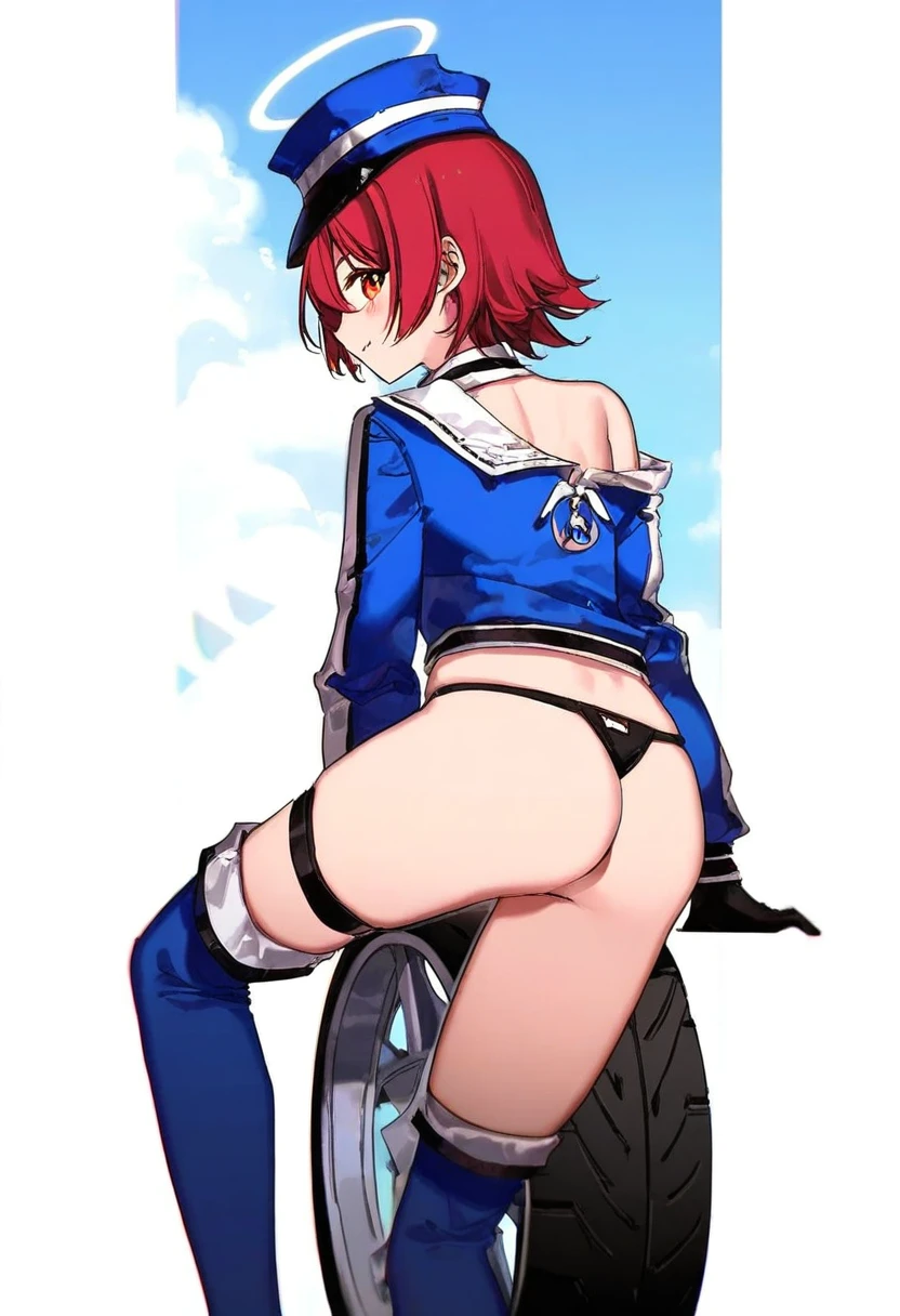 nekoya \(liu\),(ask \(askzy\)),[6 \(yuchae\)],(nekoume),[[kawacy]],(yajuu),((rune \(dualhart\))),[starshadowmagician], - 1girl,exusiai \(arknights\),arknights,black gloves,black panties,blue thigh boots,blue hat,blue jacket,long sleeves,race queen,thigh strap,thong,single bare shoulder,skindentation,tire,