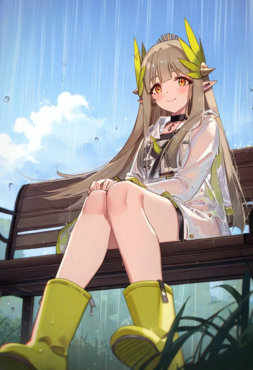 nekoya \(liu\),(ask \(askzy\)),[6 \(yuchae\)],(nekoume),[[kawacy]],(yajuu),((rune \(dualhart\))),[starshadowmagician], - 1girl,muelsyse \(arknights\),arknights,cloudy sky,grass,on bench,outdoors,rain,road,yellow rubber boots,see-through coat,sitting,transparent raincoat,water drop,