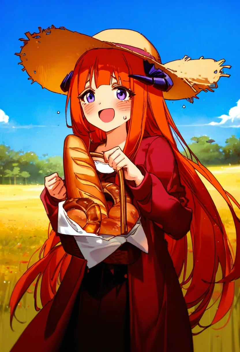 nekoya \(liu\),(ask \(askzy\)),[6 \(yuchae\)],(nekoume),[[kawacy]],(yajuu),((rune \(dualhart\))),[starshadowmagician], - 1girl,bagpipe \(arknights\),arknights,baguette,blush,bread,croissant,holding basket,pretzel,upper body,straw hat,field,sky,laughing,sweat,sunlight,