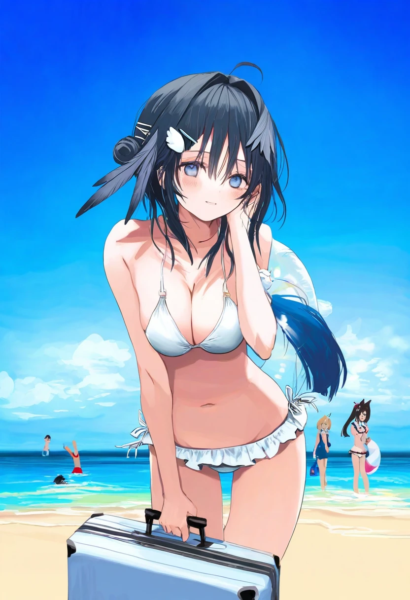 saiguchi otoufu,[refeia],(whoosaku),[nadegata],(hito komoru),[[anmi]],[[reddizen]],((necomi)), - 1girl,la pluma \(summer flowers\) \(arknights\),arknights,white bikini,outdoors,navel,day,sky,blue sky,beach,suitcase,looking at viewer,ocean,low-tied long hair,leaning forward,standing,holding,frills,hand up,bare shoulders,floating hair,