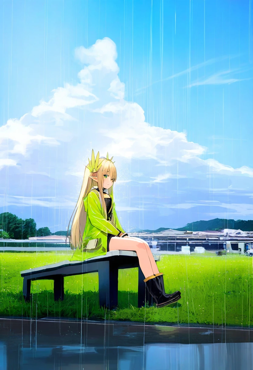 saiguchi otoufu,[refeia],(whoosaku),[nadegata],(hito komoru),[[anmi]],[[reddizen]],((necomi)), - 1girl,muelsyse \(arknights\),arknights,cloudy sky,grass,on bench,outdoors,rain,road,yellow rubber boots,see-through coat,sitting,transparent raincoat,water drop,