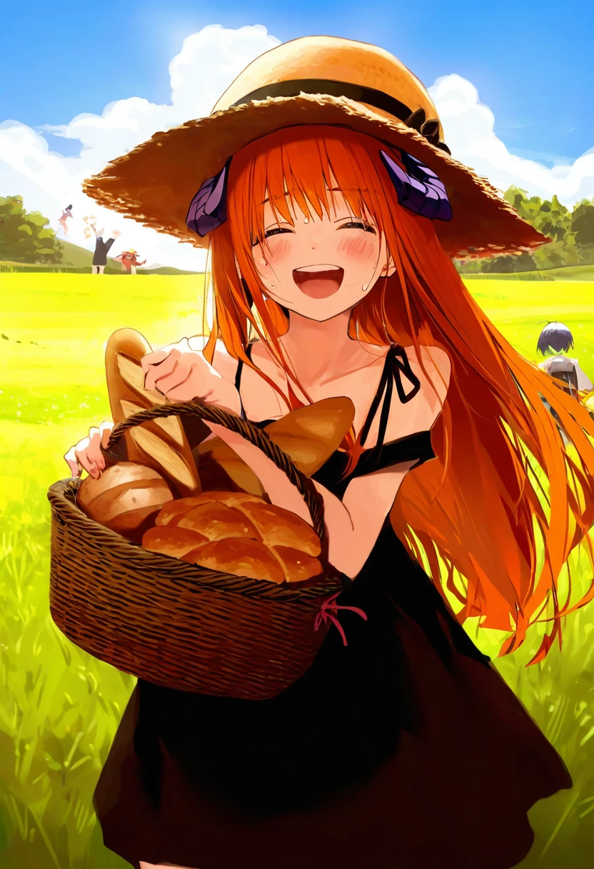 saiguchi otoufu,[refeia],(whoosaku),[nadegata],(hito komoru),[[anmi]],[[reddizen]],((necomi)), - 1girl,bagpipe \(arknights\),arknights,baguette,blush,bread,croissant,holding basket,pretzel,upper body,straw hat,field,sky,laughing,sweat,sunlight,
