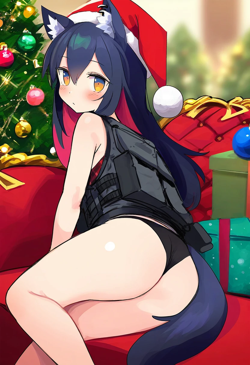 sigm@,[[katsuobushi \(eba games\)]],(amezawa koma),[uenomigi],(qosic),((kim eb)),(e.o.),(ini \(inunabe00\)), - 1girl,texas \(arknights\),arknights,underwear,tactical vest,christmas tree,christmas ornaments,