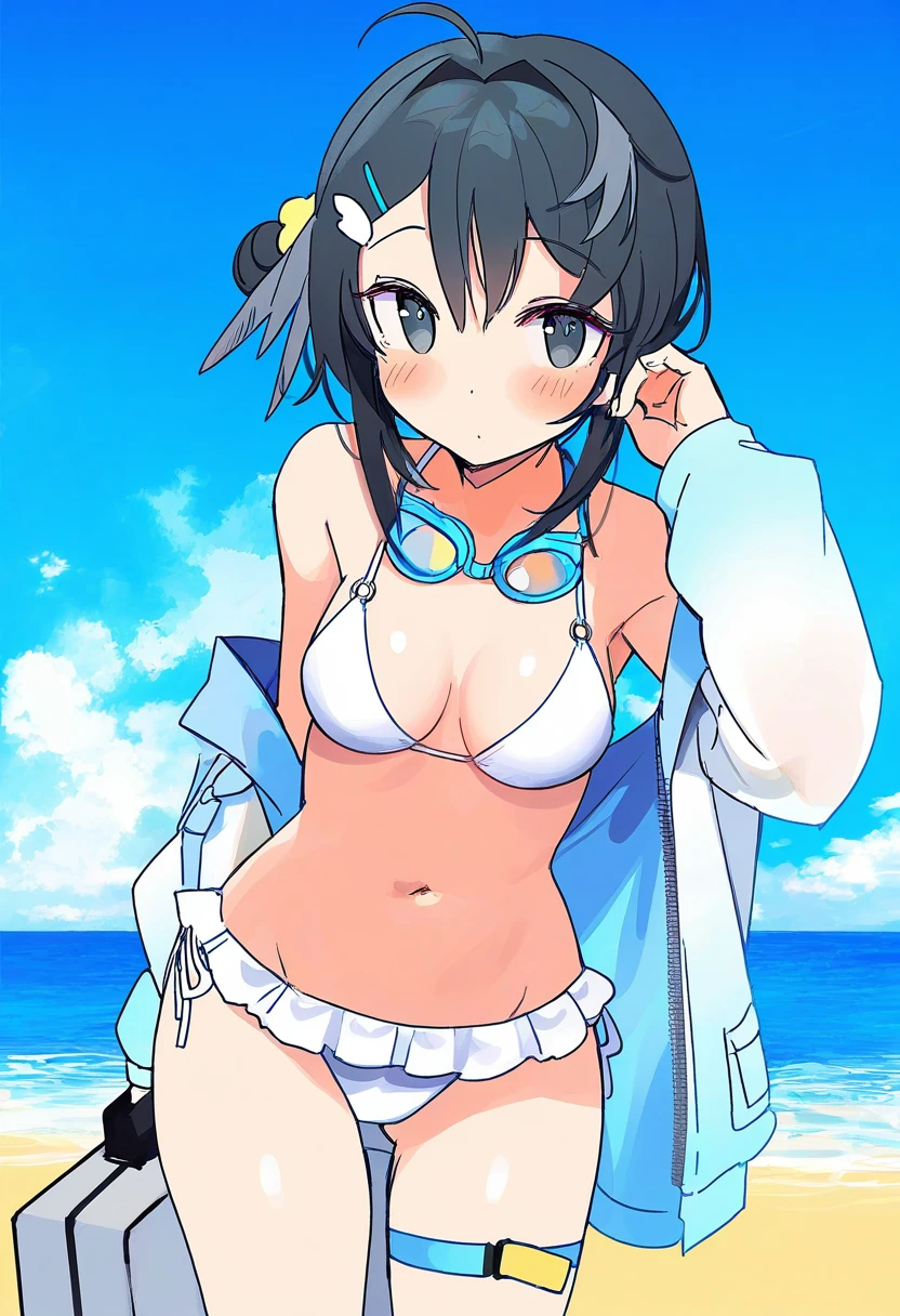 sigm@,[[katsuobushi \(eba games\)]],(amezawa koma),[uenomigi],(qosic),((kim eb)),(e.o.),(ini \(inunabe00\)), - 1girl,la pluma \(summer flowers\) \(arknights\),arknights,white bikini,outdoors,navel,day,sky,blue sky,beach,suitcase,looking at viewer,ocean,low-tied long hair,leaning forward,standing,holding,frills,hand up,bare shoulders,floating hair,