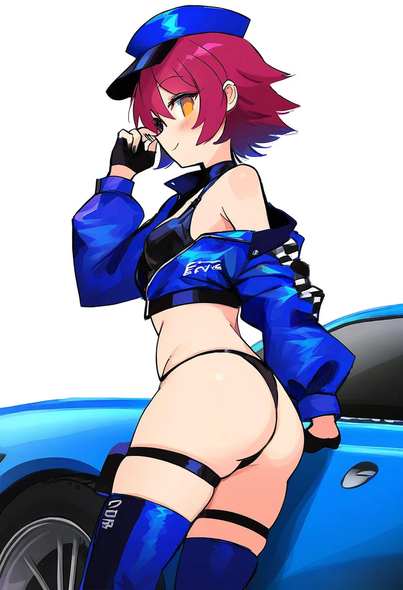 sigm@,[[katsuobushi \(eba games\)]],(amezawa koma),[uenomigi],(qosic),((kim eb)),(e.o.),(ini \(inunabe00\)), - 1girl,exusiai \(arknights\),arknights,black gloves,black panties,blue thigh boots,blue hat,blue jacket,long sleeves,race queen,thigh strap,thong,single bare shoulder,skindentation,tire,