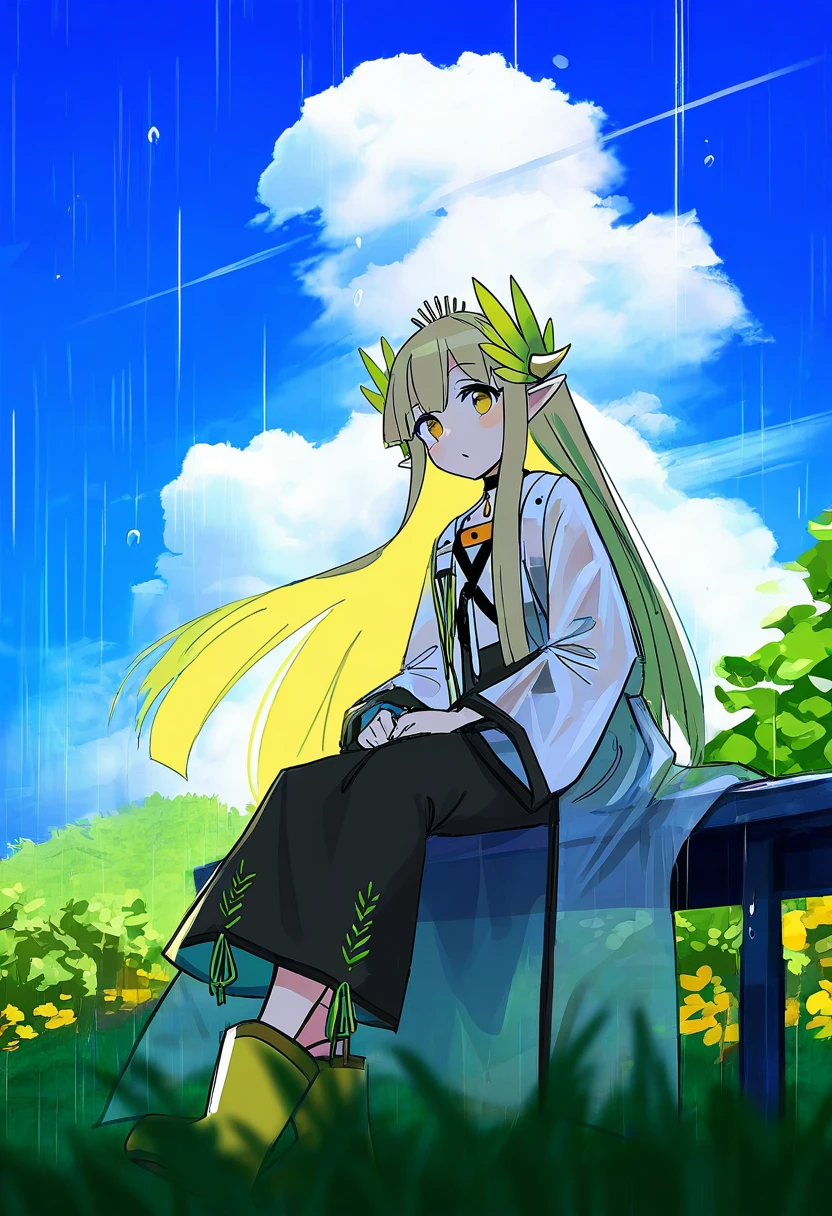 sigm@,[[katsuobushi \(eba games\)]],(amezawa koma),[uenomigi],(qosic),((kim eb)),(e.o.),(ini \(inunabe00\)), - 1girl,muelsyse \(arknights\),arknights,cloudy sky,grass,on bench,outdoors,rain,road,yellow rubber boots,see-through coat,sitting,transparent raincoat,water drop,