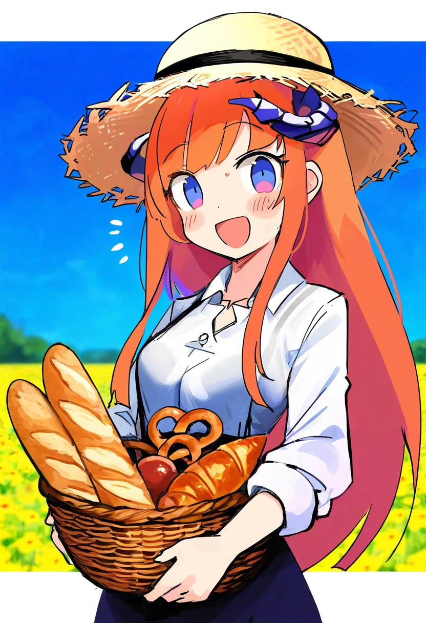 sigm@,[[katsuobushi \(eba games\)]],(amezawa koma),[uenomigi],(qosic),((kim eb)),(e.o.),(ini \(inunabe00\)), - 1girl,bagpipe \(arknights\),arknights,baguette,blush,bread,croissant,holding basket,pretzel,upper body,straw hat,field,sky,laughing,sweat,sunlight,