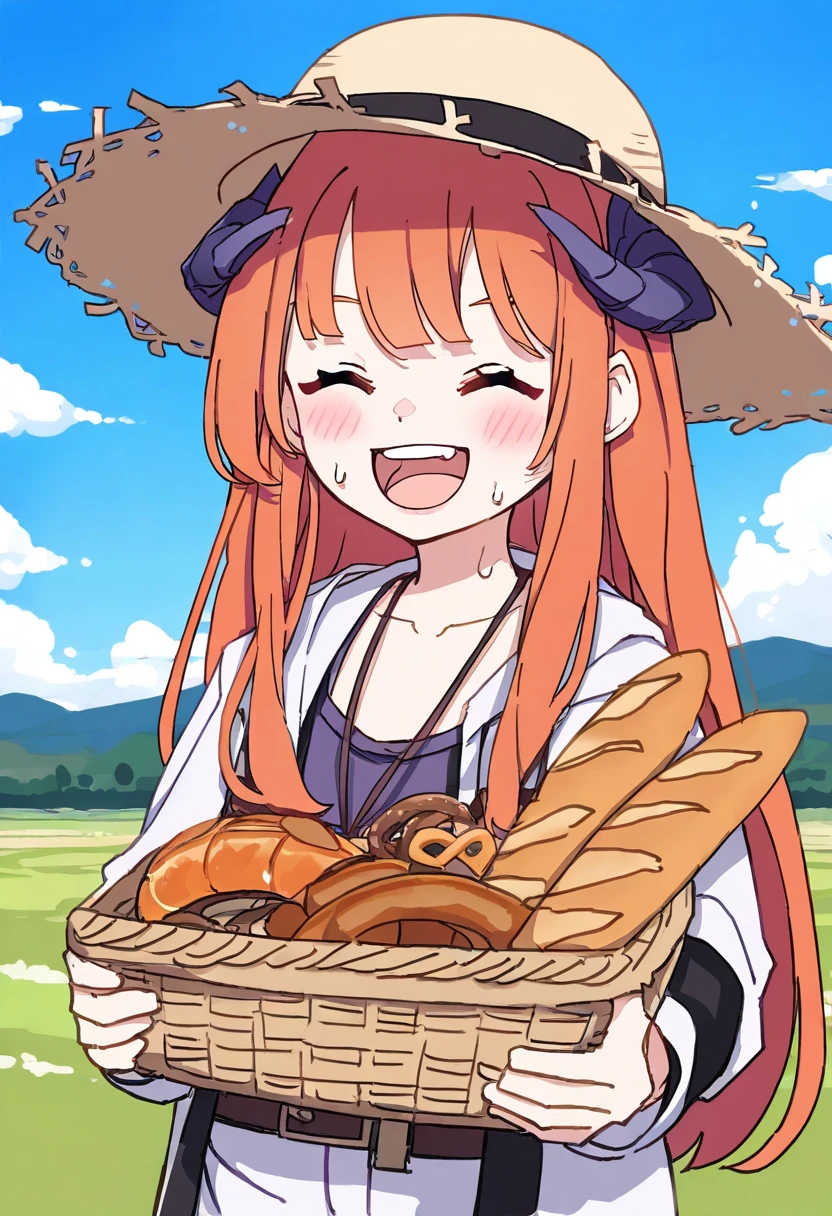tunamayo \(dsasd751\),[[cocozasa]],mr.lime,[ido \(teketeke\)],((jyt)),[[toosaka asagi]],((mochizuki shiina)),(kame \(kamepan44231\)), - 1girl,bagpipe \(arknights\),arknights,baguette,blush,bread,croissant,holding basket,pretzel,upper body,straw hat,field,sky,laughing,sweat,sunlight,