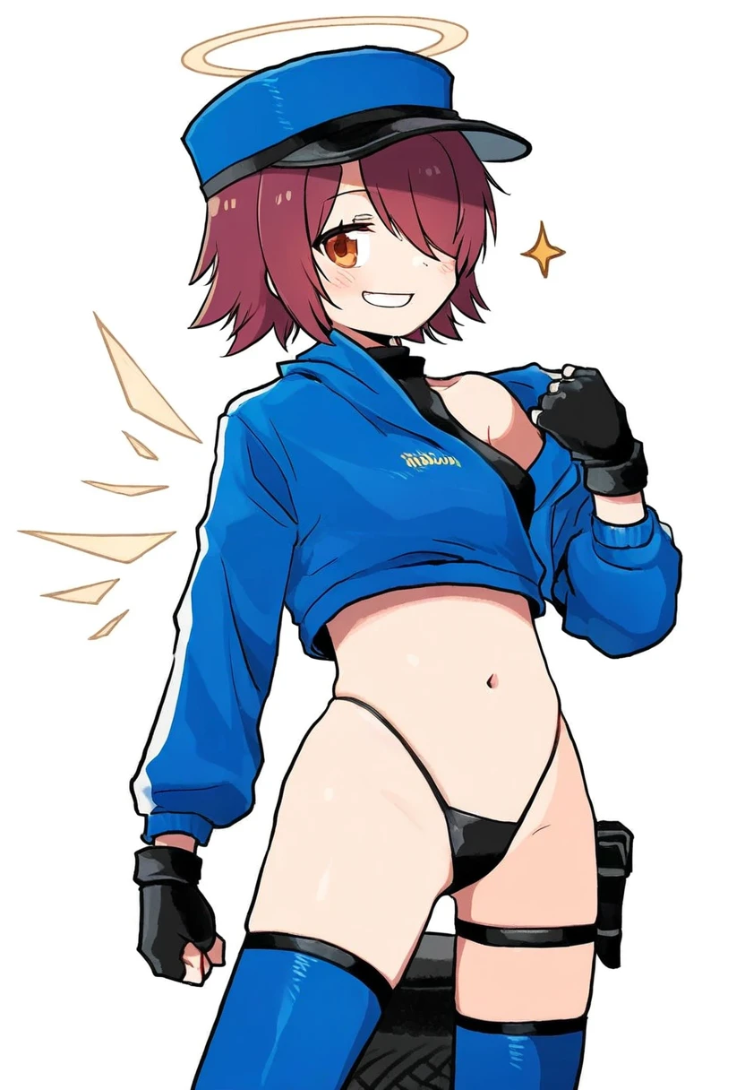 yunamaro,fuzichoco,nekotoufu,rinotuna,rariatto \(ganguri\),xinzoruo,hekiga \(freelot\),fuya \(tempupupu\), - 1girl,exusiai \(arknights\),arknights,black gloves,black panties,blue thigh boots,blue hat,blue jacket,long sleeves,race queen,thigh strap,thong,single bare shoulder,skindentation,tire,