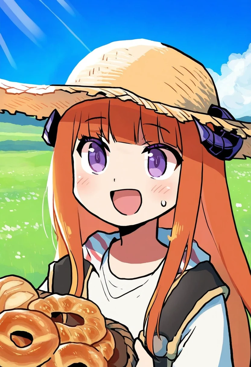 yunamaro,fuzichoco,nekotoufu,rinotuna,rariatto \(ganguri\),xinzoruo,hekiga \(freelot\),fuya \(tempupupu\), - 1girl,bagpipe \(arknights\),arknights,baguette,blush,bread,croissant,holding basket,pretzel,upper body,straw hat,field,sky,laughing,sweat,sunlight,