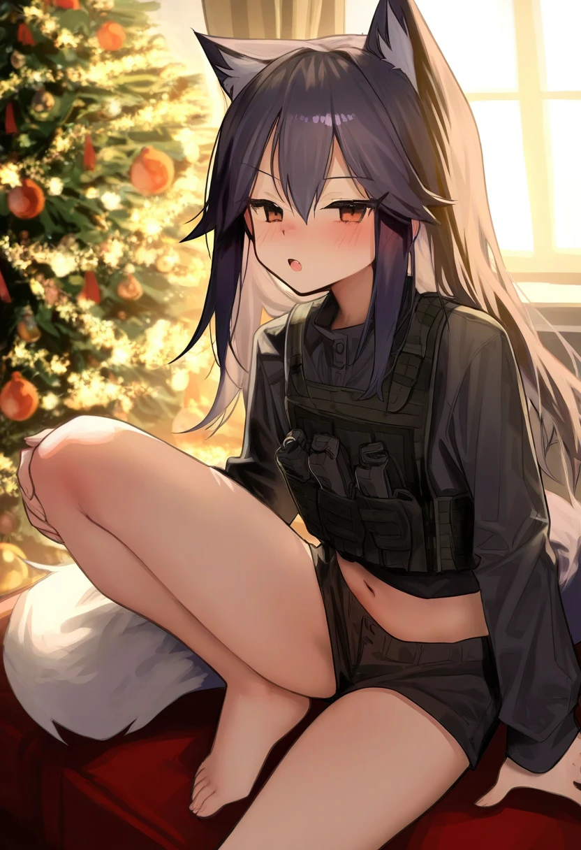 kokaki mumose,tianliang duohe fangdongye,risui \(suzu rks\),mochirong,sora 72-iro, - 1girl,texas \(arknights\),arknights,underwear,tactical vest,christmas tree,christmas ornaments,