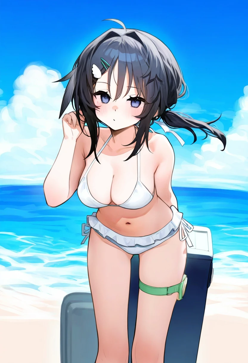 kokaki mumose,tianliang duohe fangdongye,risui \(suzu rks\),mochirong,sora 72-iro, - 1girl,la pluma \(summer flowers\) \(arknights\),arknights,white bikini,outdoors,navel,day,sky,blue sky,beach,suitcase,looking at viewer,ocean,low-tied long hair,leaning forward,standing,holding,frills,hand up,bare shoulders,floating hair,