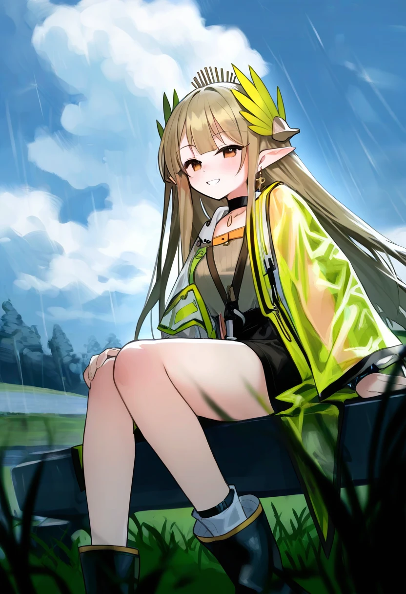 kokaki mumose,tianliang duohe fangdongye,risui \(suzu rks\),mochirong,sora 72-iro, - 1girl,muelsyse \(arknights\),arknights,cloudy sky,grass,on bench,outdoors,rain,road,yellow rubber boots,see-through coat,sitting,transparent raincoat,water drop,