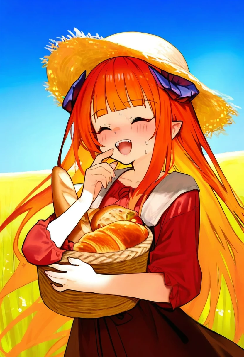 kokaki mumose,tianliang duohe fangdongye,risui \(suzu rks\),mochirong,sora 72-iro, - 1girl,bagpipe \(arknights\),arknights,baguette,blush,bread,croissant,holding basket,pretzel,upper body,straw hat,field,sky,laughing,sweat,sunlight,