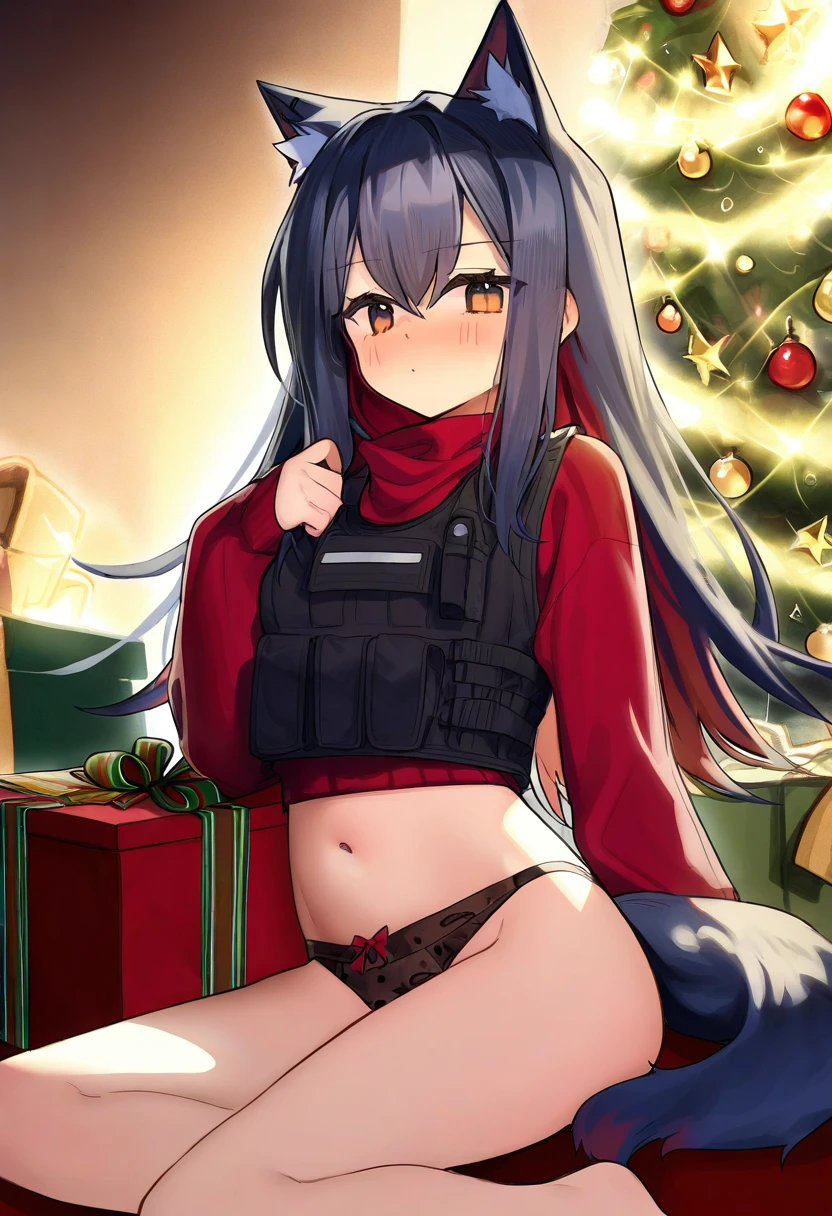 kokaki mumose,tianliang duohe fangdongye,risui \(suzu rks\),mochirong,sora 72-iro,jill 07km,houkisei, - 1girl,texas \(arknights\),arknights,underwear,tactical vest,christmas tree,christmas ornaments,