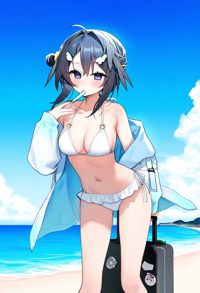 kokaki mumose,tianliang duohe fangdongye,risui \(suzu rks\),mochirong,sora 72-iro,jill 07km,houkisei, - 1girl,la pluma \(summer flowers\) \(arknights\),arknights,white bikini,outdoors,navel,day,sky,blue sky,beach,suitcase,looking at viewer,ocean,low-tied long hair,leaning forward,standing,holding,frills,hand up,bare shoulders,floating hair,