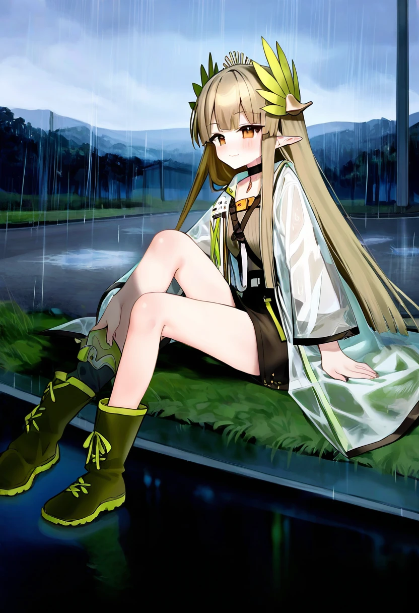 kokaki mumose,tianliang duohe fangdongye,risui \(suzu rks\),mochirong,sora 72-iro,jill 07km,houkisei, - 1girl,muelsyse \(arknights\),arknights,cloudy sky,grass,on bench,outdoors,rain,road,yellow rubber boots,see-through coat,sitting,transparent raincoat,water drop,