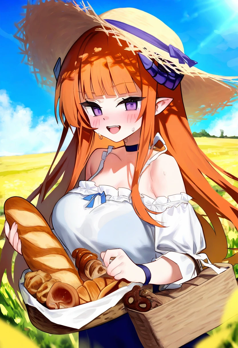 kokaki mumose,tianliang duohe fangdongye,risui \(suzu rks\),mochirong,sora 72-iro,jill 07km,houkisei, - 1girl,bagpipe \(arknights\),arknights,baguette,blush,bread,croissant,holding basket,pretzel,upper body,straw hat,field,sky,laughing,sweat,sunlight,
