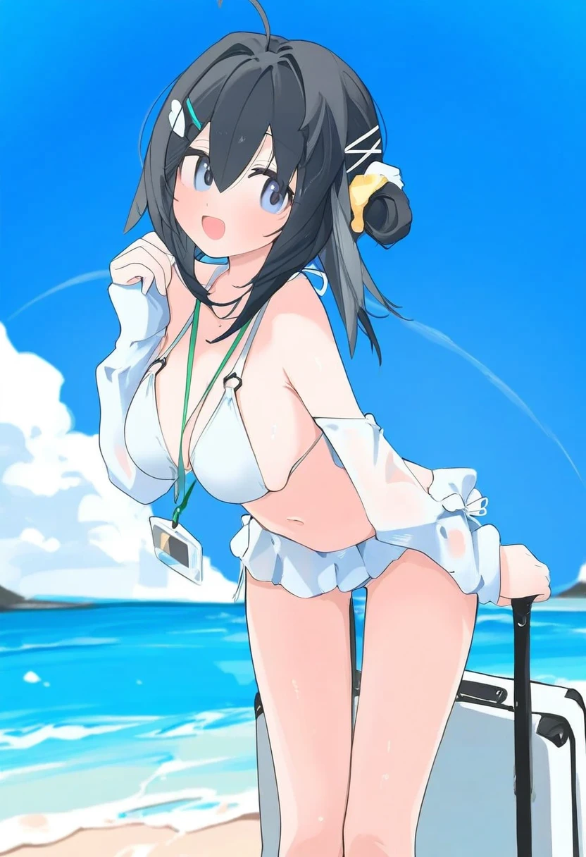 [[tianliang duohe fangdongye]],((mikozin)),(((daizu))),[[[kani-biimu]]],[[matanukinuki]],[kanikama], - 1girl,la pluma \(summer flowers\) \(arknights\),arknights,white bikini,outdoors,navel,day,sky,blue sky,beach,suitcase,looking at viewer,ocean,low-tied long hair,leaning forward,standing,holding,frills,hand up,bare shoulders,floating hair,