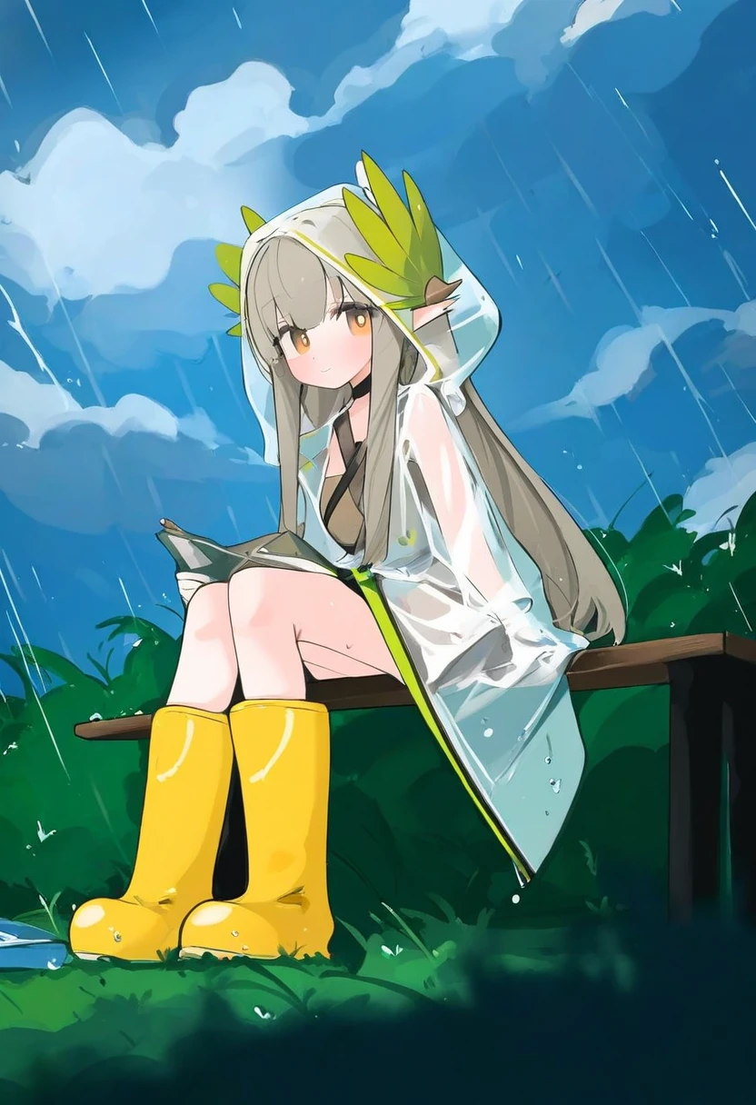 [[tianliang duohe fangdongye]],((mikozin)),(((daizu))),[[[kani-biimu]]],[[matanukinuki]],[kanikama], - 1girl,muelsyse \(arknights\),arknights,cloudy sky,grass,on bench,outdoors,rain,road,yellow rubber boots,see-through coat,sitting,transparent raincoat,water drop,