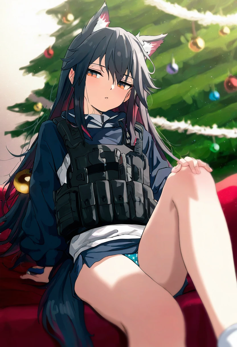 [qys3],[sincos],Mika,[As109], - 1girl,texas \(arknights\),arknights,underwear,tactical vest,christmas tree,christmas ornaments,