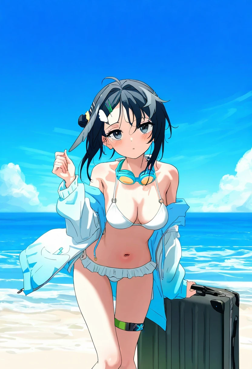 [qys3],[sincos],Mika,[As109], - 1girl,la pluma \(summer flowers\) \(arknights\),arknights,white bikini,outdoors,navel,day,sky,blue sky,beach,suitcase,looking at viewer,ocean,low-tied long hair,leaning forward,standing,holding,frills,hand up,bare shoulders,floating hair,