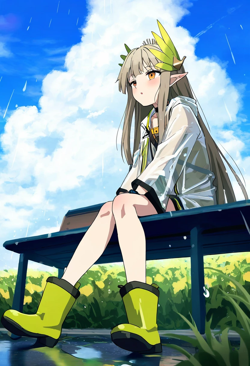 [qys3],[sincos],Mika,[As109], - 1girl,muelsyse \(arknights\),arknights,cloudy sky,grass,on bench,outdoors,rain,road,yellow rubber boots,see-through coat,sitting,transparent raincoat,water drop,