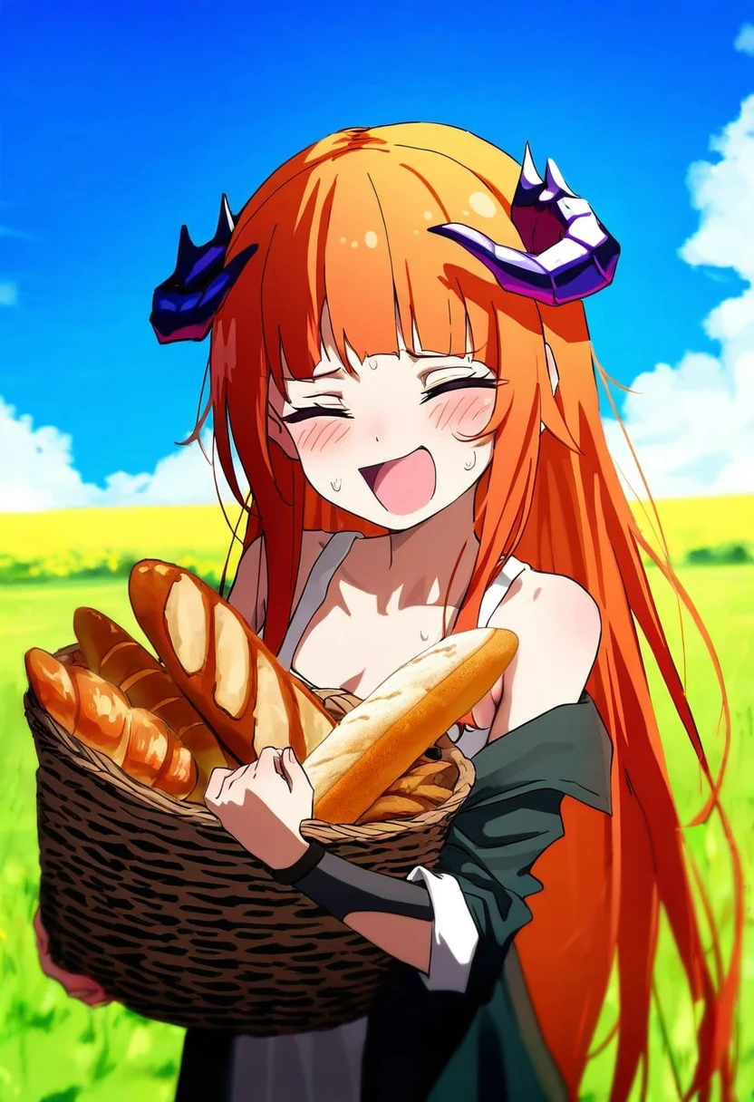 [qys3],[sincos],Mika,[As109], - 1girl,bagpipe \(arknights\),arknights,baguette,blush,bread,croissant,holding basket,pretzel,upper body,straw hat,field,sky,laughing,sweat,sunlight,