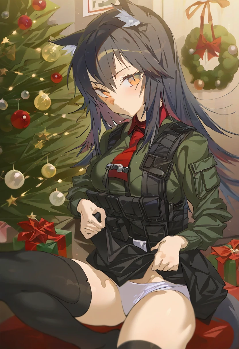 [yoneyama mai],hxxg, - 1girl,texas \(arknights\),arknights,underwear,tactical vest,christmas tree,christmas ornaments,