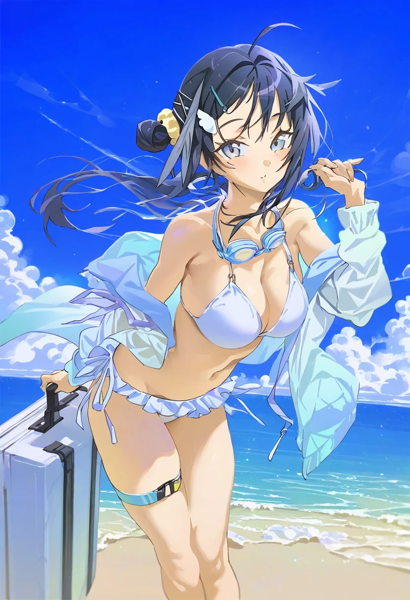 [yoneyama mai],hxxg, - 1girl,la pluma \(summer flowers\) \(arknights\),arknights,white bikini,outdoors,navel,day,sky,blue sky,beach,suitcase,looking at viewer,ocean,low-tied long hair,leaning forward,standing,holding,frills,hand up,bare shoulders,floating hair,