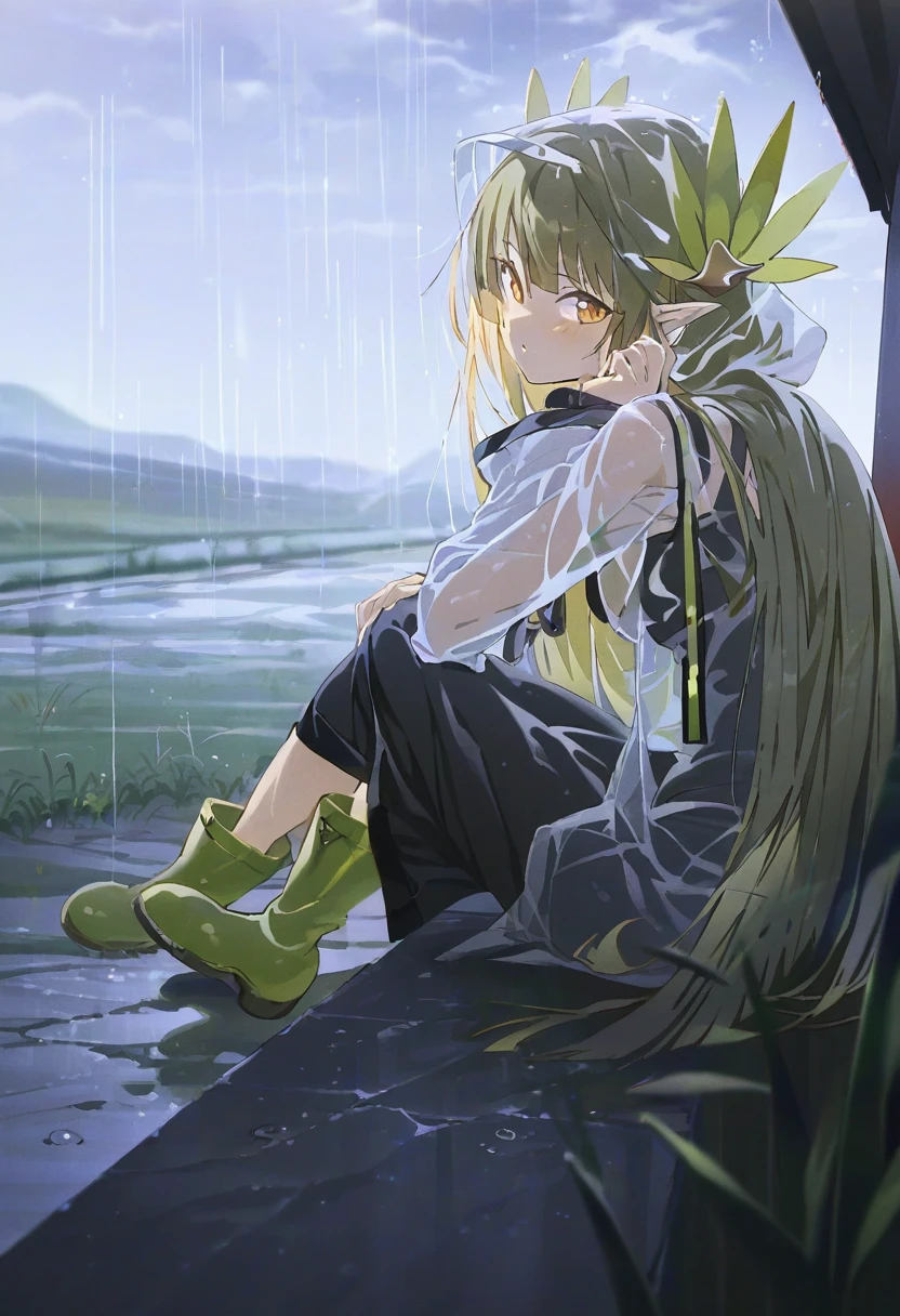 [yoneyama mai],hxxg, - 1girl,muelsyse \(arknights\),arknights,cloudy sky,grass,on bench,outdoors,rain,road,yellow rubber boots,see-through coat,sitting,transparent raincoat,water drop,