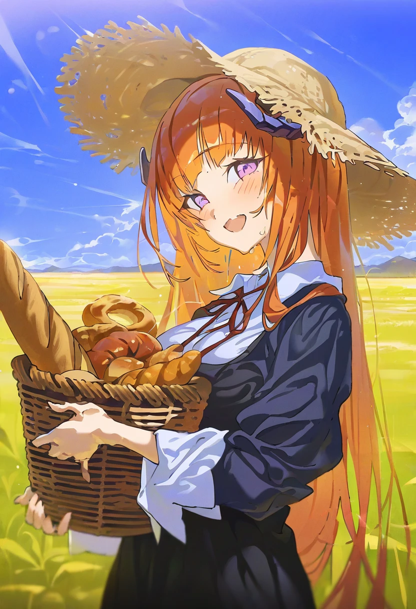 [yoneyama mai],hxxg, - 1girl,bagpipe \(arknights\),arknights,baguette,blush,bread,croissant,holding basket,pretzel,upper body,straw hat,field,sky,laughing,sweat,sunlight,