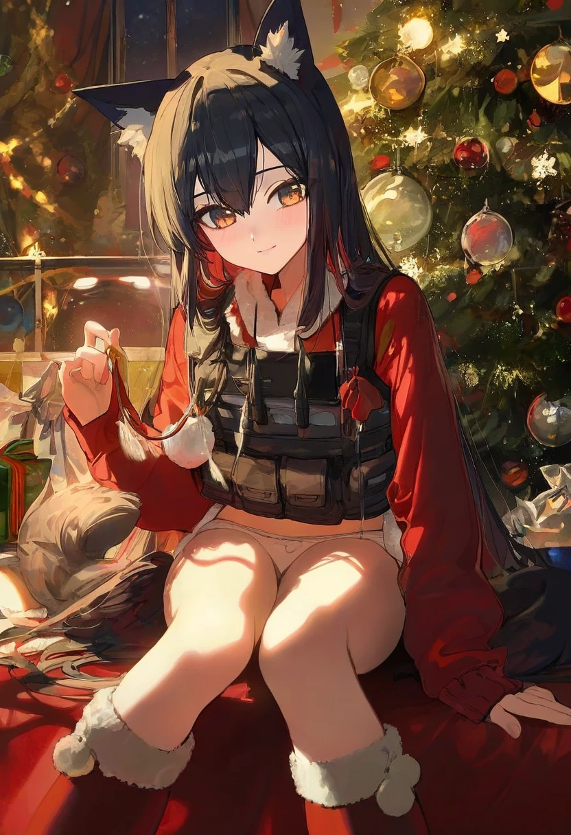 [modare],(kouyafu),gawako,ciloranko,ogipote, - 1girl,texas \(arknights\),arknights,underwear,tactical vest,christmas tree,christmas ornaments,