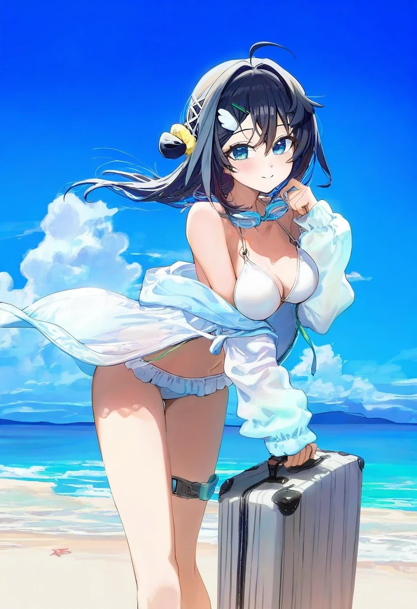 [modare],(kouyafu),gawako,ciloranko,ogipote, - 1girl,la pluma \(summer flowers\) \(arknights\),arknights,white bikini,outdoors,navel,day,sky,blue sky,beach,suitcase,looking at viewer,ocean,low-tied long hair,leaning forward,standing,holding,frills,hand up,bare shoulders,floating hair,