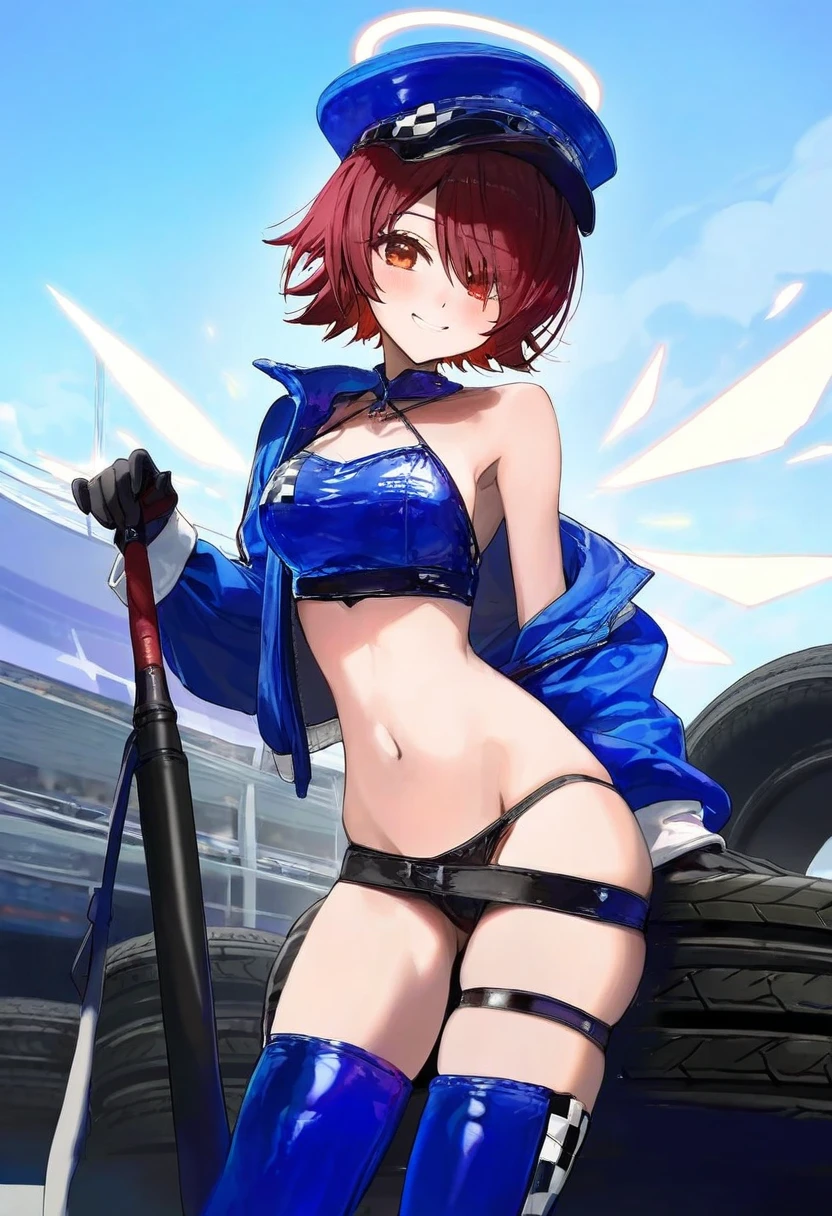 [modare],(kouyafu),gawako,ciloranko,ogipote, - 1girl,exusiai \(arknights\),arknights,black gloves,black panties,blue thigh boots,blue hat,blue jacket,long sleeves,race queen,thigh strap,thong,single bare shoulder,skindentation,tire,