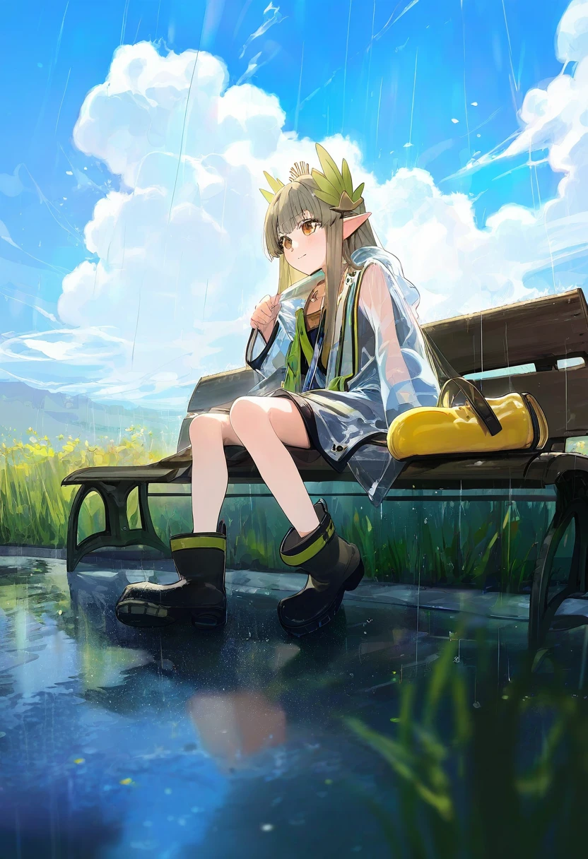 [modare],(kouyafu),gawako,ciloranko,ogipote, - 1girl,muelsyse \(arknights\),arknights,cloudy sky,grass,on bench,outdoors,rain,road,yellow rubber boots,see-through coat,sitting,transparent raincoat,water drop,