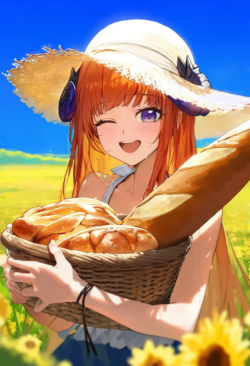 [modare],(kouyafu),gawako,ciloranko,ogipote, - 1girl,bagpipe \(arknights\),arknights,baguette,blush,bread,croissant,holding basket,pretzel,upper body,straw hat,field,sky,laughing,sweat,sunlight,