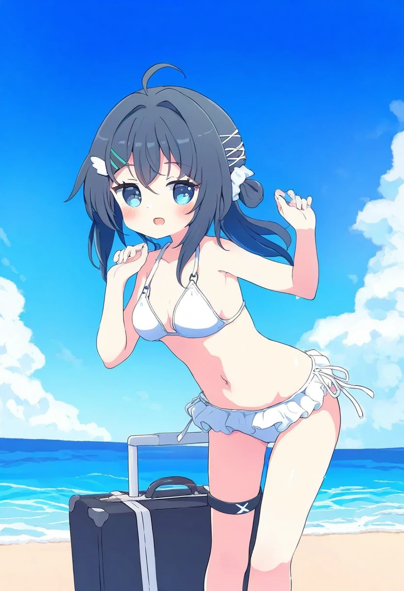 [yumenouchi chiharu],sakura \(39ra\),(naga u,tyakomes),henreader,baku-p,daizu \(melon-lemon\), - 1girl,la pluma \(summer flowers\) \(arknights\),arknights,white bikini,outdoors,navel,day,sky,blue sky,beach,suitcase,looking at viewer,ocean,low-tied long hair,leaning forward,standing,holding,frills,hand up,bare shoulders,floating hair,