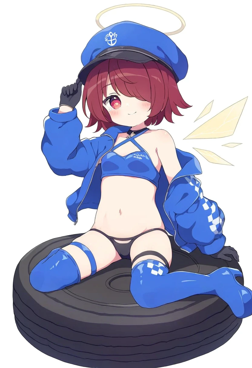 [yumenouchi chiharu],sakura \(39ra\),(naga u,tyakomes),henreader,baku-p,daizu \(melon-lemon\), - 1girl,exusiai \(arknights\),arknights,black gloves,black panties,blue thigh boots,blue hat,blue jacket,long sleeves,race queen,thigh strap,thong,single bare shoulder,skindentation,tire,
