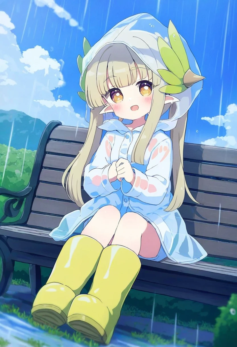 [yumenouchi chiharu],sakura \(39ra\),(naga u,tyakomes),henreader,baku-p,daizu \(melon-lemon\), - 1girl,muelsyse \(arknights\),arknights,cloudy sky,grass,on bench,outdoors,rain,road,yellow rubber boots,see-through coat,sitting,transparent raincoat,water drop,