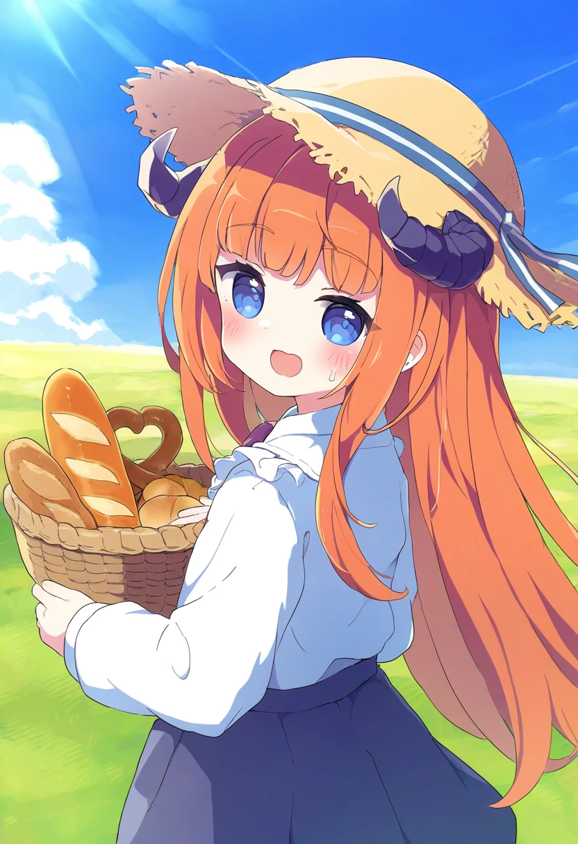 [yumenouchi chiharu],sakura \(39ra\),(naga u,tyakomes),henreader,baku-p,daizu \(melon-lemon\), - 1girl,bagpipe \(arknights\),arknights,baguette,blush,bread,croissant,holding basket,pretzel,upper body,straw hat,field,sky,laughing,sweat,sunlight,