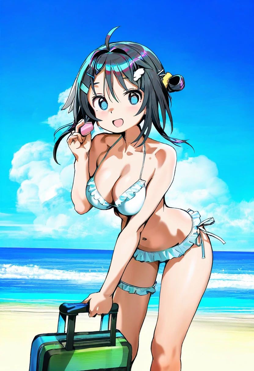 (((((healthyman)))))::((((iuui)))),((atte nanakusa)),(((wagashi \(dagashiya\)))),((quasarcake)),(((loliconder))),(((((tianliang duohe fangdongye)))))::((((meinoss)))),((onono imoko)), - 1girl,la pluma \(summer flowers\) \(arknights\),arknights,white bikini,outdoors,navel,day,sky,blue sky,beach,suitcase,looking at viewer,ocean,low-tied long hair,leaning forward,standing,holding,frills,hand up,bare shoulders,floating hair,