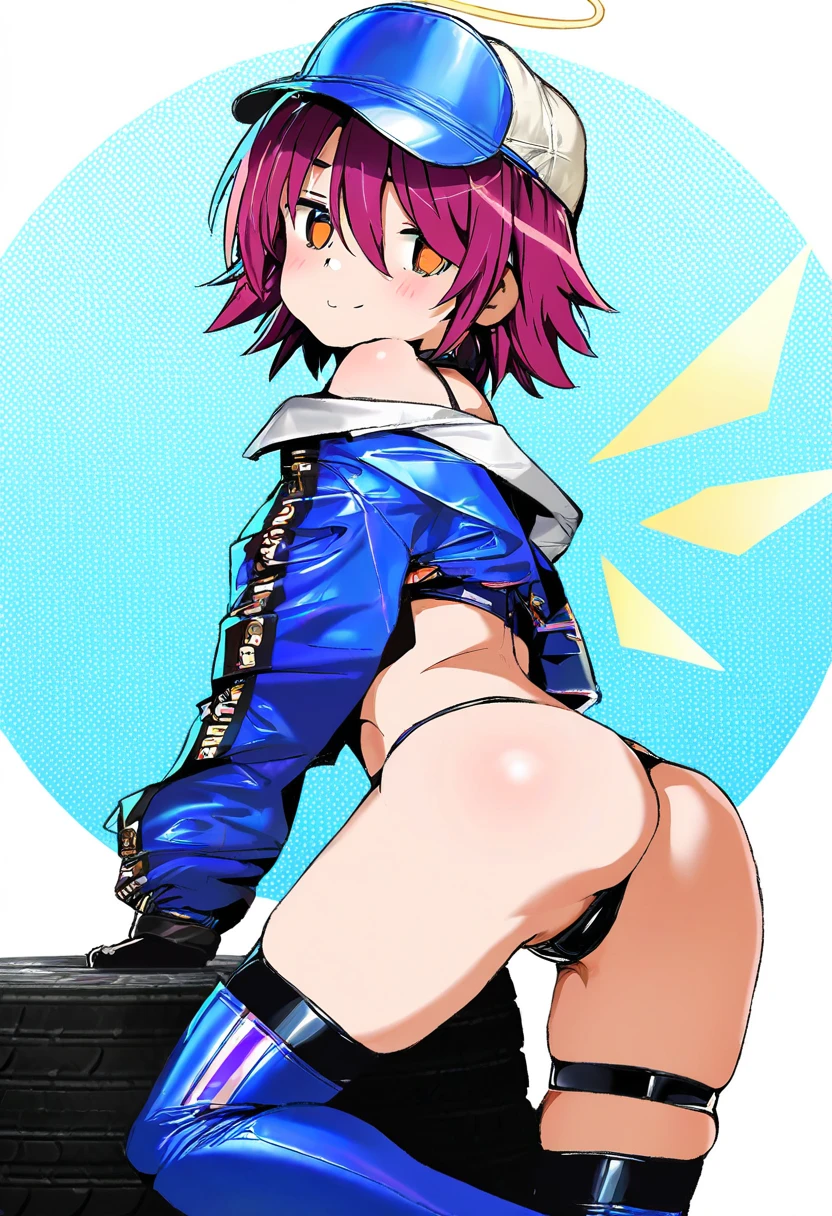 (((((healthyman)))))::((((iuui)))),((atte nanakusa)),(((wagashi \(dagashiya\)))),((quasarcake)),(((loliconder))),(((((tianliang duohe fangdongye)))))::((((meinoss)))),((onono imoko)), - 1girl,exusiai \(arknights\),arknights,black gloves,black panties,blue thigh boots,blue hat,blue jacket,long sleeves,race queen,thigh strap,thong,single bare shoulder,skindentation,tire,