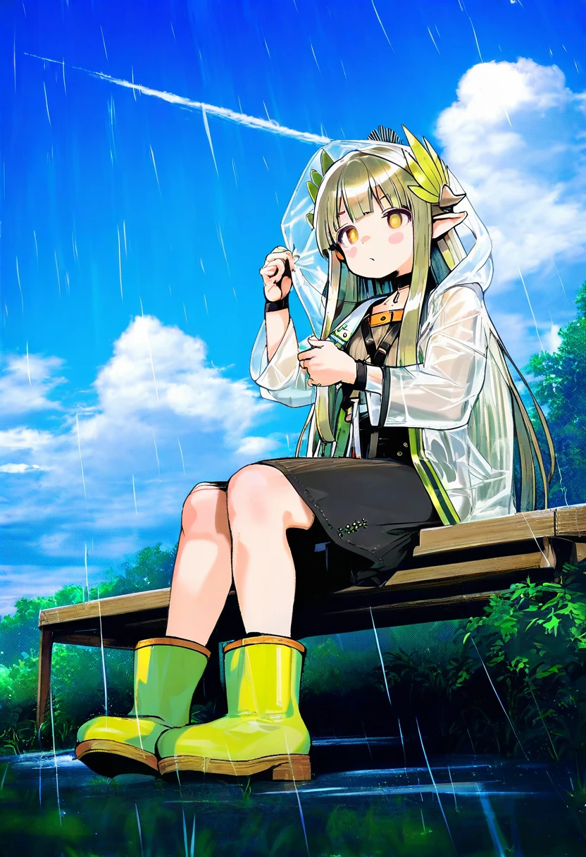 (((((healthyman)))))::((((iuui)))),((atte nanakusa)),(((wagashi \(dagashiya\)))),((quasarcake)),(((loliconder))),(((((tianliang duohe fangdongye)))))::((((meinoss)))),((onono imoko)), - 1girl,muelsyse \(arknights\),arknights,cloudy sky,grass,on bench,outdoors,rain,road,yellow rubber boots,see-through coat,sitting,transparent raincoat,water drop,