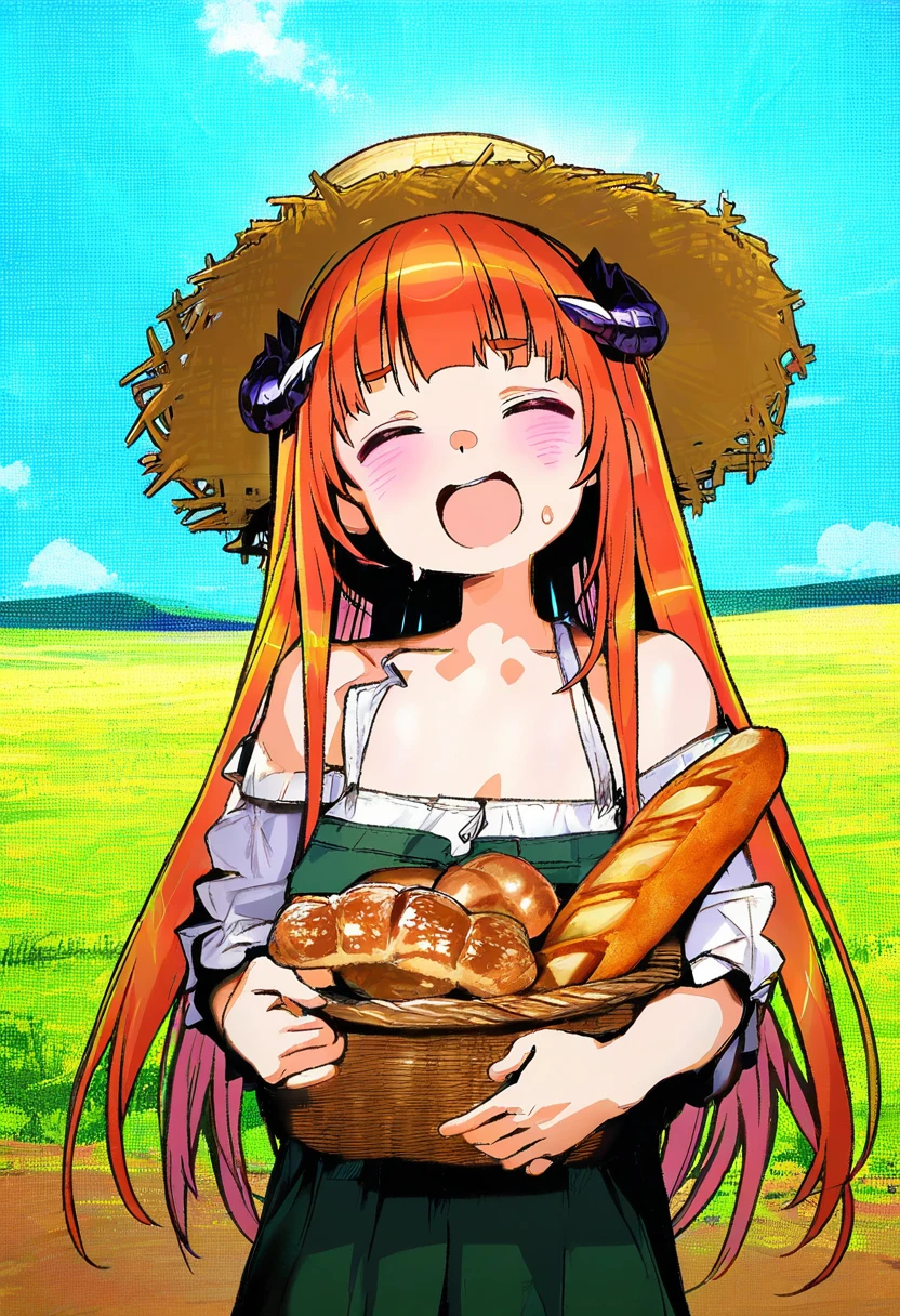 (((((healthyman)))))::((((iuui)))),((atte nanakusa)),(((wagashi \(dagashiya\)))),((quasarcake)),(((loliconder))),(((((tianliang duohe fangdongye)))))::((((meinoss)))),((onono imoko)), - 1girl,bagpipe \(arknights\),arknights,baguette,blush,bread,croissant,holding basket,pretzel,upper body,straw hat,field,sky,laughing,sweat,sunlight,